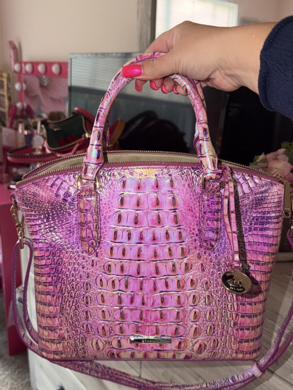 Brahmin Pink Croc-Embossed Satchel with Gold Hardware